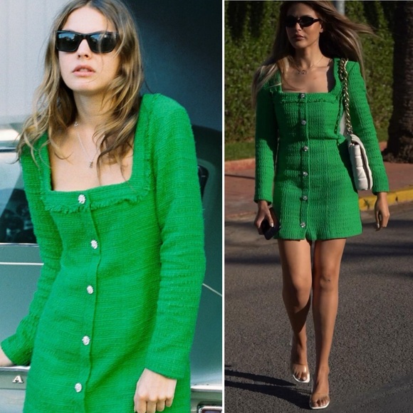 ZARA Kelly Green Textured Tweed Mini Dress Jewel Buttons NWT S Blogger Favorite - Picture 3 of 16
